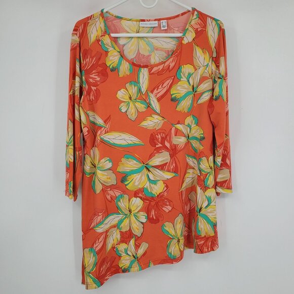 Susan Graver Asymmetrical Hem Coral Floral Flower Beachy Boho 3/4 Sleeve Shirt M - Picture 2 of 9